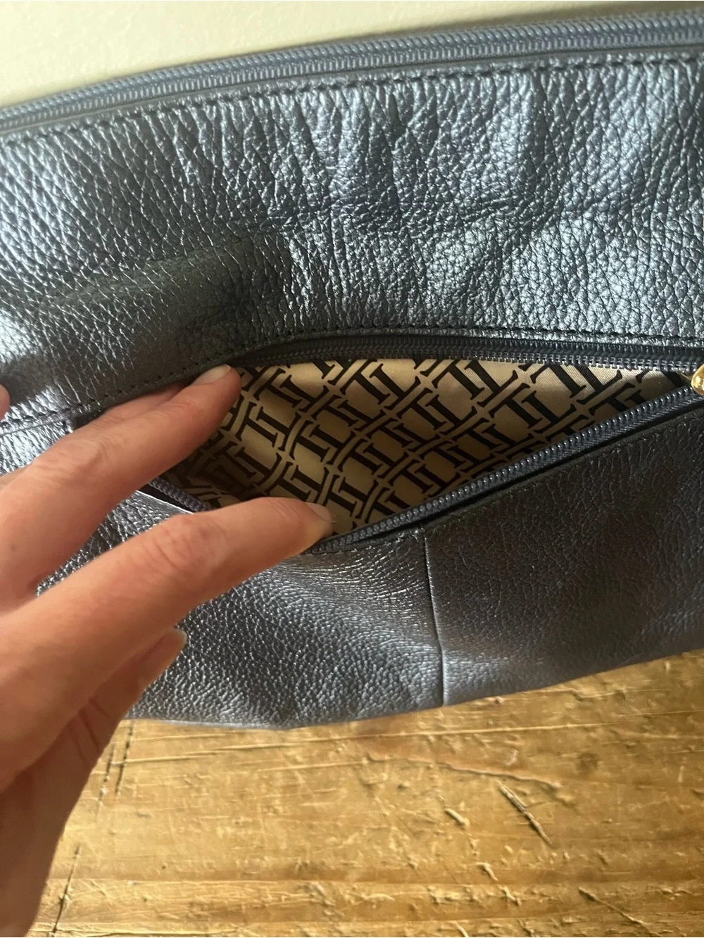 Tignanello Leather Metallic Dark Blue Crossbody with Gold Accents